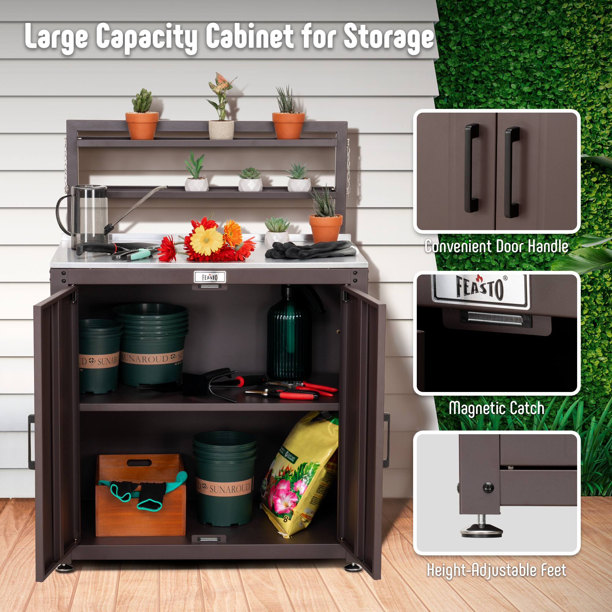 Large Capacity Cabinet for Storage

Convenient Door Handle

FEASTO

Magnetic Catch

Height-Adjustable Feet