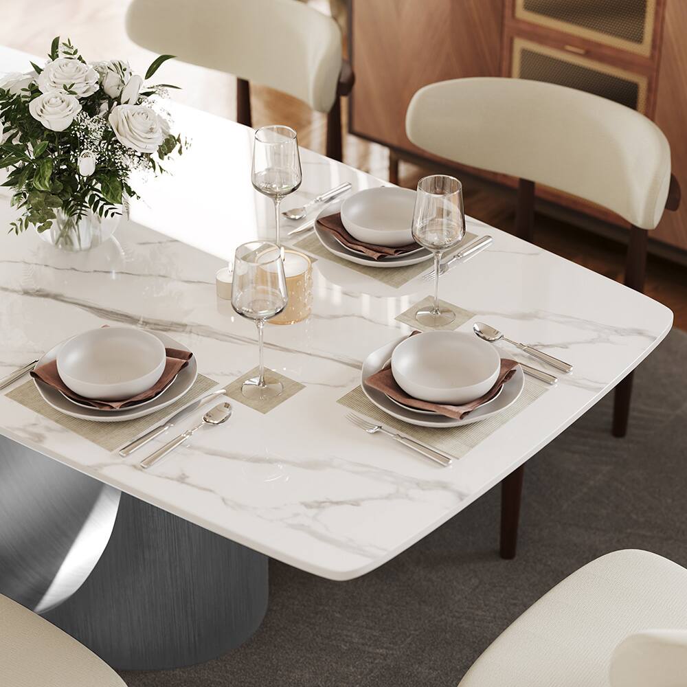 Back. POVISON - 79" Modern Minimalist Dining Table for 6-8, White Rectangular Glossy Sintered Stone Tabletop, Dark Gray Carbon Steel Leg - Glossy White Sintered Stone with Gray.