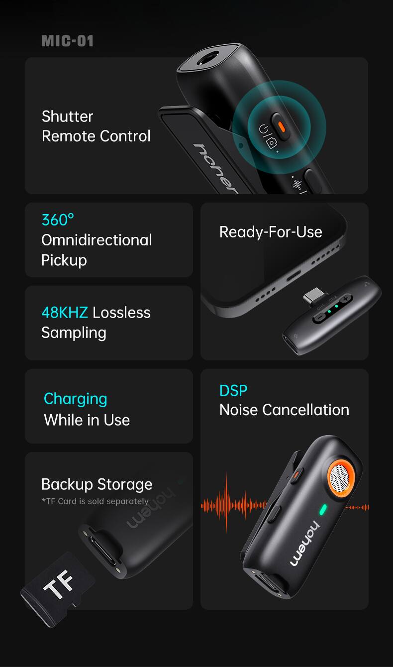MIC-01  
Shutter Remote Control  
360° Omnidirectional Pickup  
48KHZ Lossless Sampling  
Charging While in Use  
DSP Noise Cancellation  
Backup Storage  
*TF Card is sold separately