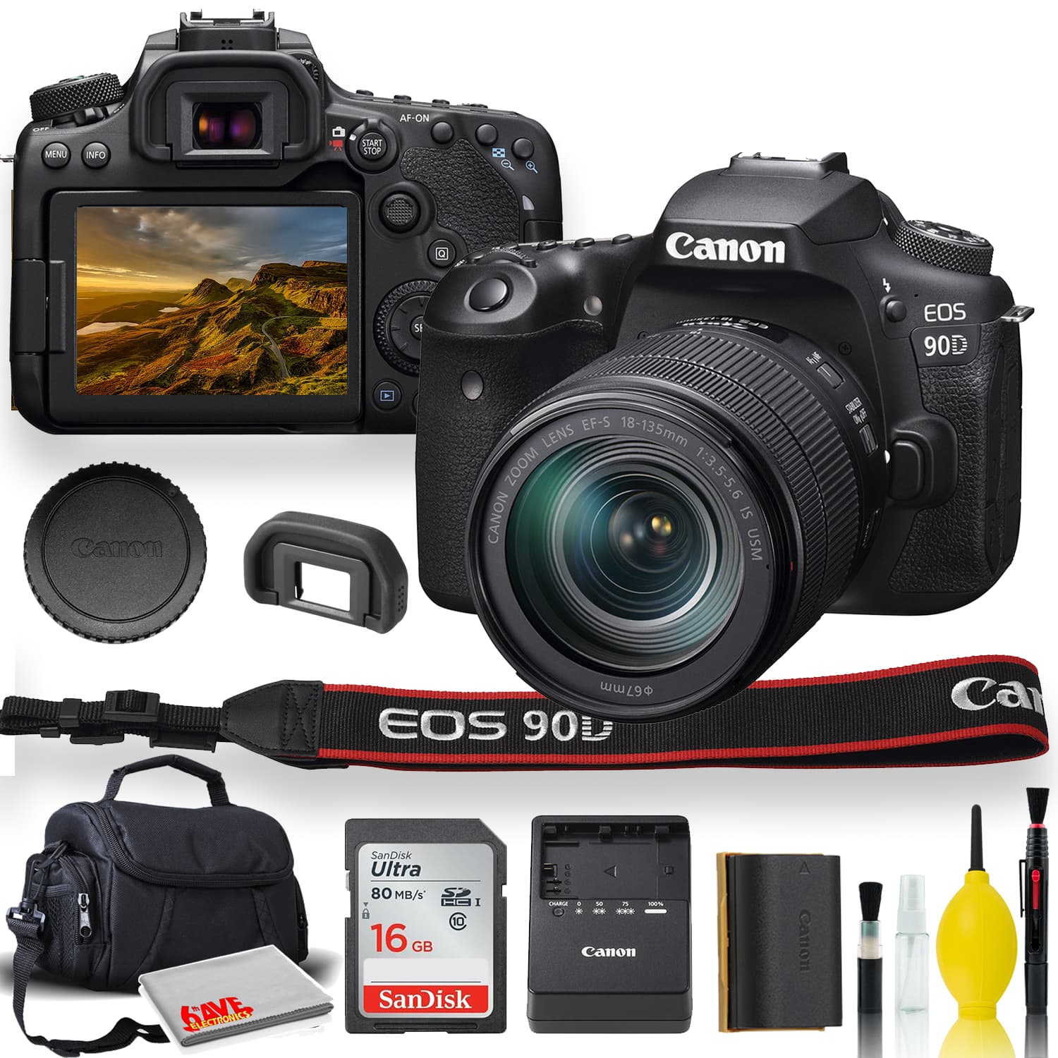 Canon - EOS 90D DSLR Camera with 18-135mm Lens With Padded Case, Memory Card, and More - Starter Bundle Set (International - Black
