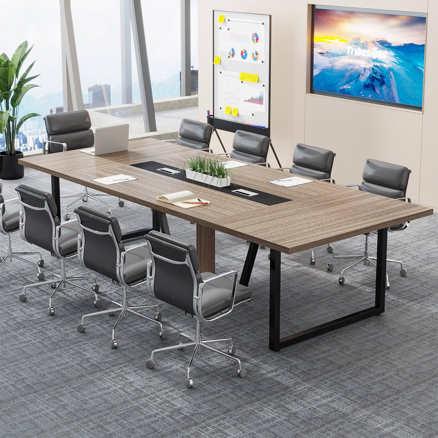 Tribesigns - 94.5-Inch Conference Table with Cable Grommets and Metal Frame for Office Meetings or Training - Light Mocha Brown