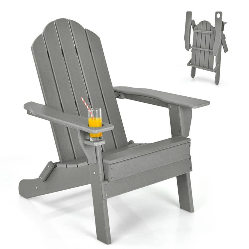 Pefilos - Folding Adirondack Chairs, Foldable Weather Resistant Patio Chair with Built-in Cup Holder- Patio Chairs, Lawn - Gray