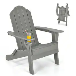 Pefilos - Folding Adirondack Chairs, Foldable Weather Resistant Patio Chair with Built-in Cup Holder- Patio Chairs, Lawn - Gray
