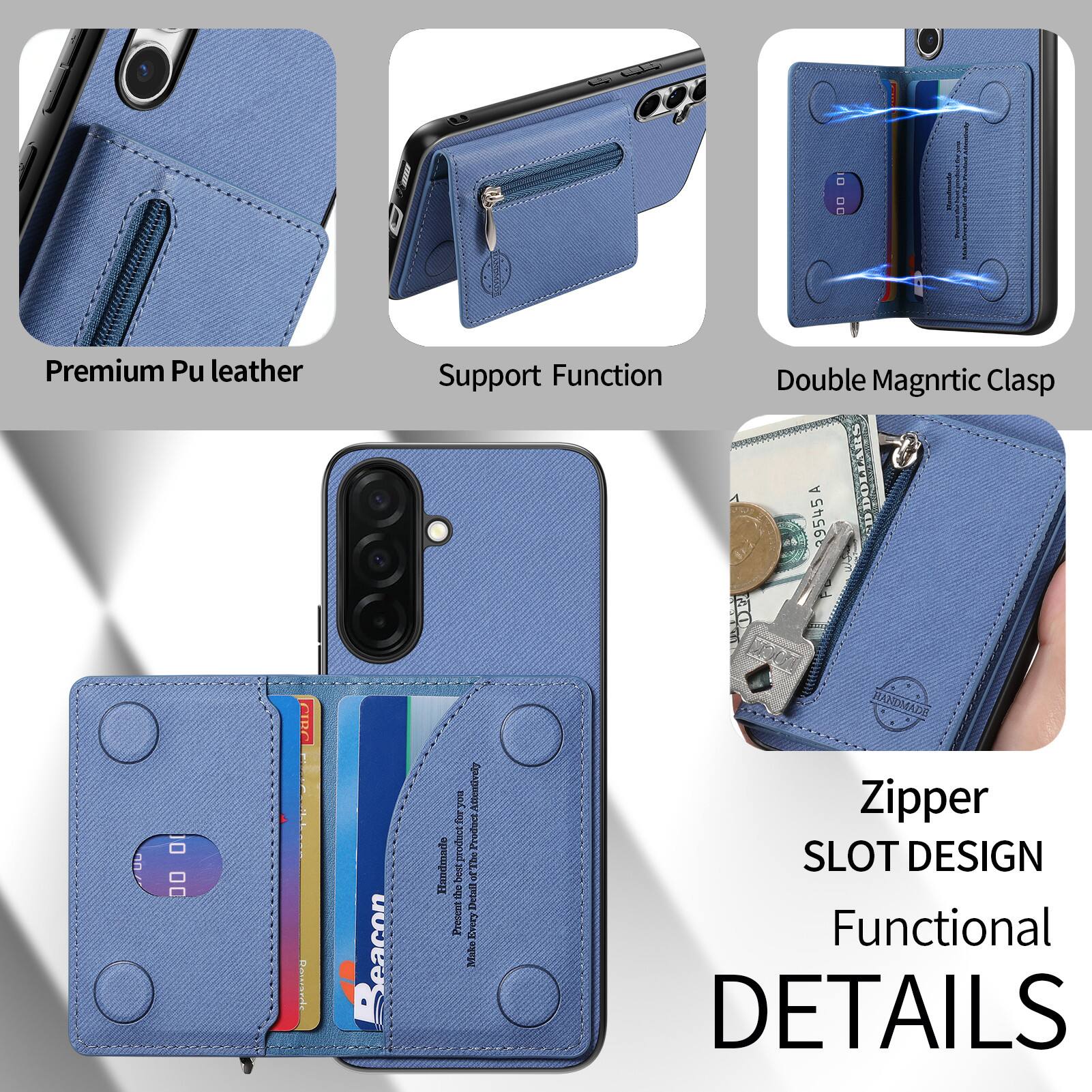 Premium Pu leather Support Function Double Magnetic Clasp

Zipper SLOT DESIGN Functional DETAILS

HANDMADE