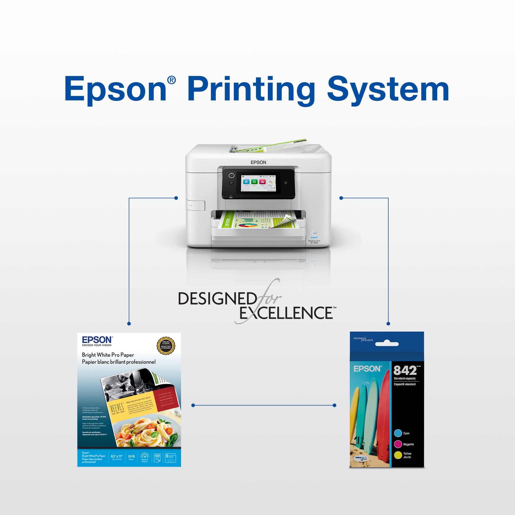 Epson Printing System

EPSON
3
- = D
DESIGNED FOR EXCELLENCE
EPSON EXCESO YOUR VISION
XXXXXXXX  
Bright White Pro Paper Papier blanc brillant professionnel
EPSON 842 Standard-eepodly Cartridges stated

REEVET

On
Vegents
-  - !!! NE Rain  / - Innovations

FHOM RFC