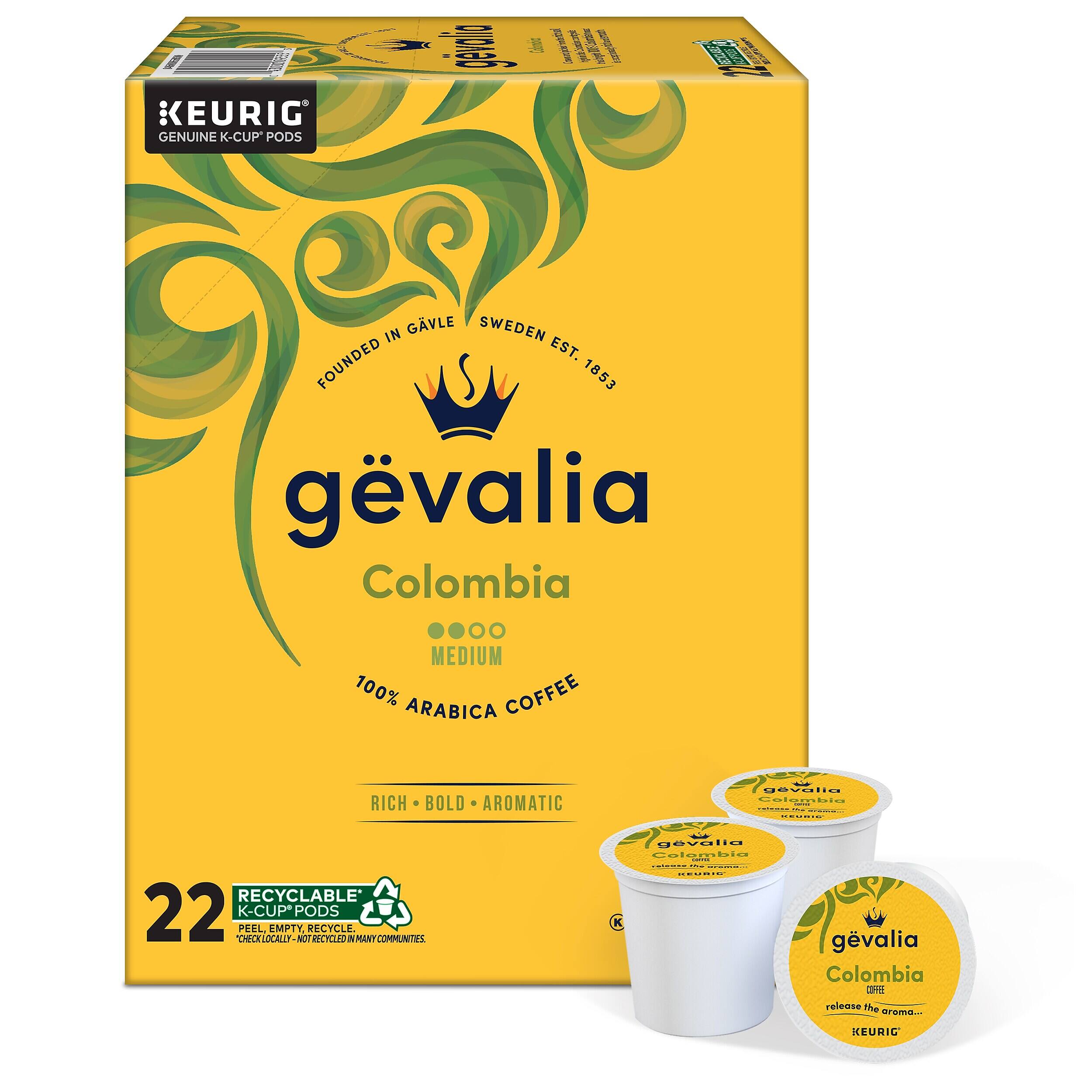 KEURIG' GENUINE K-CUP PODS  
Gevälia Colombia  
MEDIUM  
100% COFFEE ARABICA  
RICH BOLD AROMATIC  
22 K-CUP* PODS  
RECYCLABLE  
PEEL EMPTY RECYCLE  
CHECK LOCALLY - NOT RECYCLED IN MANY COMMUNITIES  
KEURIG
