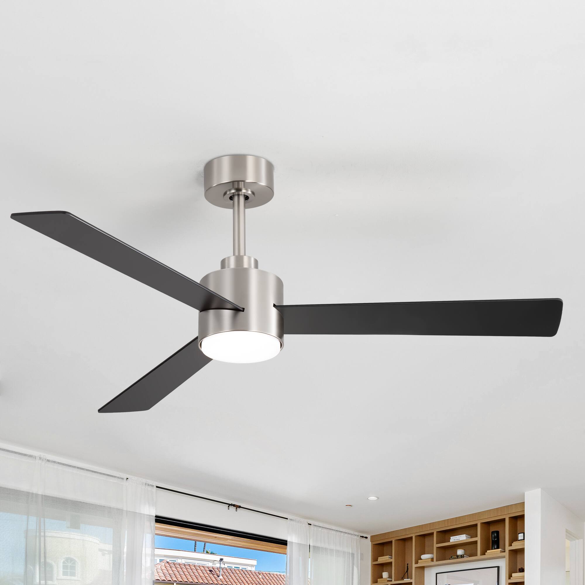 Back. Breezary - 52" Indoor Ceiling Fan, 3 Plywood Blades, 6-Speed DC Motor, Remote & Timer, 5" & 10" Downrods, LED Light/No Light Option - Satin Nickel and Black(With Light).