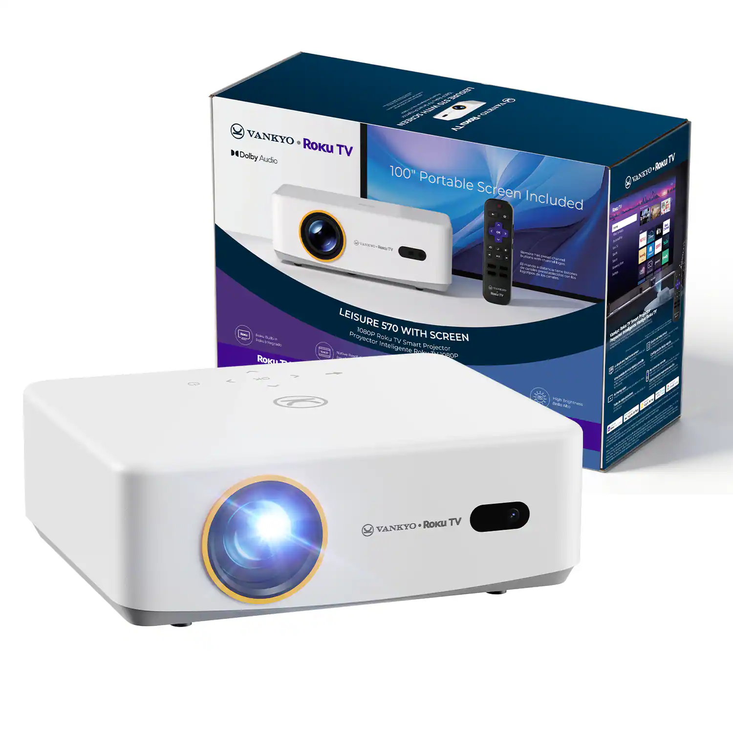 VANKYO Roku TV with Dolby Audio  
100" Portable Screen Included  
LEISURE 570 with Screen  
Projector TV Smart  
100" Portable Screen Included  
VANKYO Roku TV