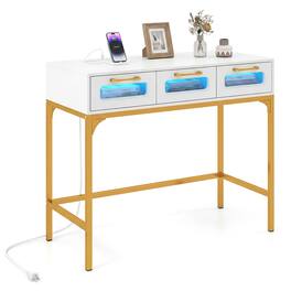 Costway - Console Table with LED Lighting & Charging Station,Entryway Table with 3 Drawers - White+ Golden