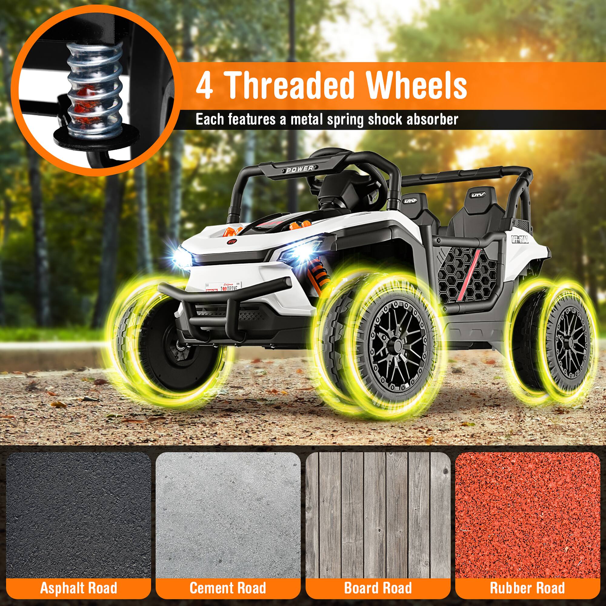 4 Threaded Wheels  
Each features a metal spring shock absorber  

Asphalt Road  
Cement Road  
Board Road  
Rubber Road