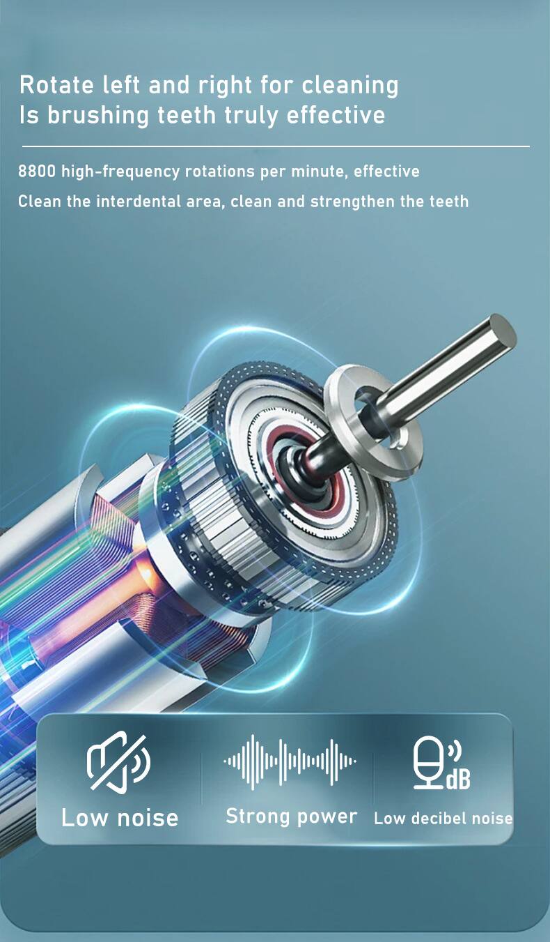 Rotate left and right for cleaning  
Is brushing teeth truly effective  

8800 high-frequency rotations per minute, effective  
Clean the interdental area, clean and strengthen the teeth  

Low noise  
Strong power  
Low decibel noise