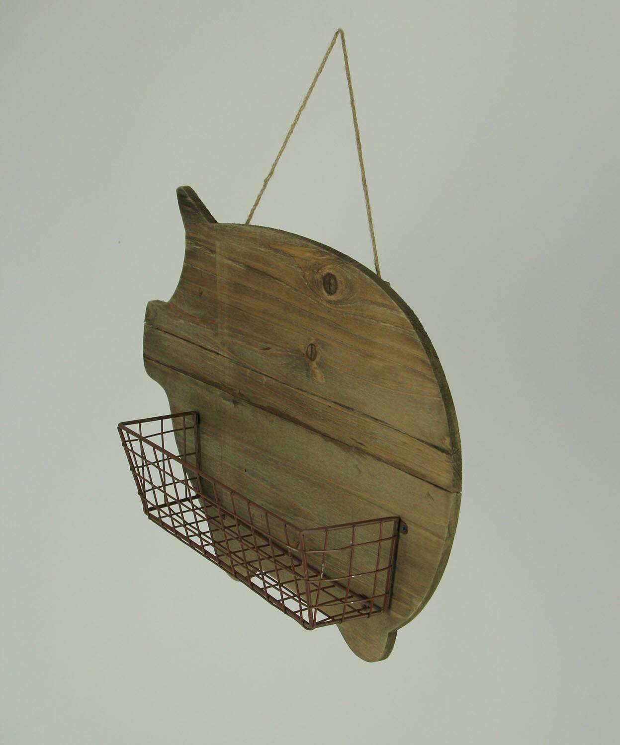 Alt View 1. Zeckos - Rustic Wood Farmhouse Pig and Metal Wire Wall Basket - Brown.