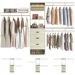 Aheaplus - 120" Walk-In Closet Organizer System - Heavy Duty, 3 Shelving Towers, 3 Drawers, 1300 lbs Capacity - White Oak
