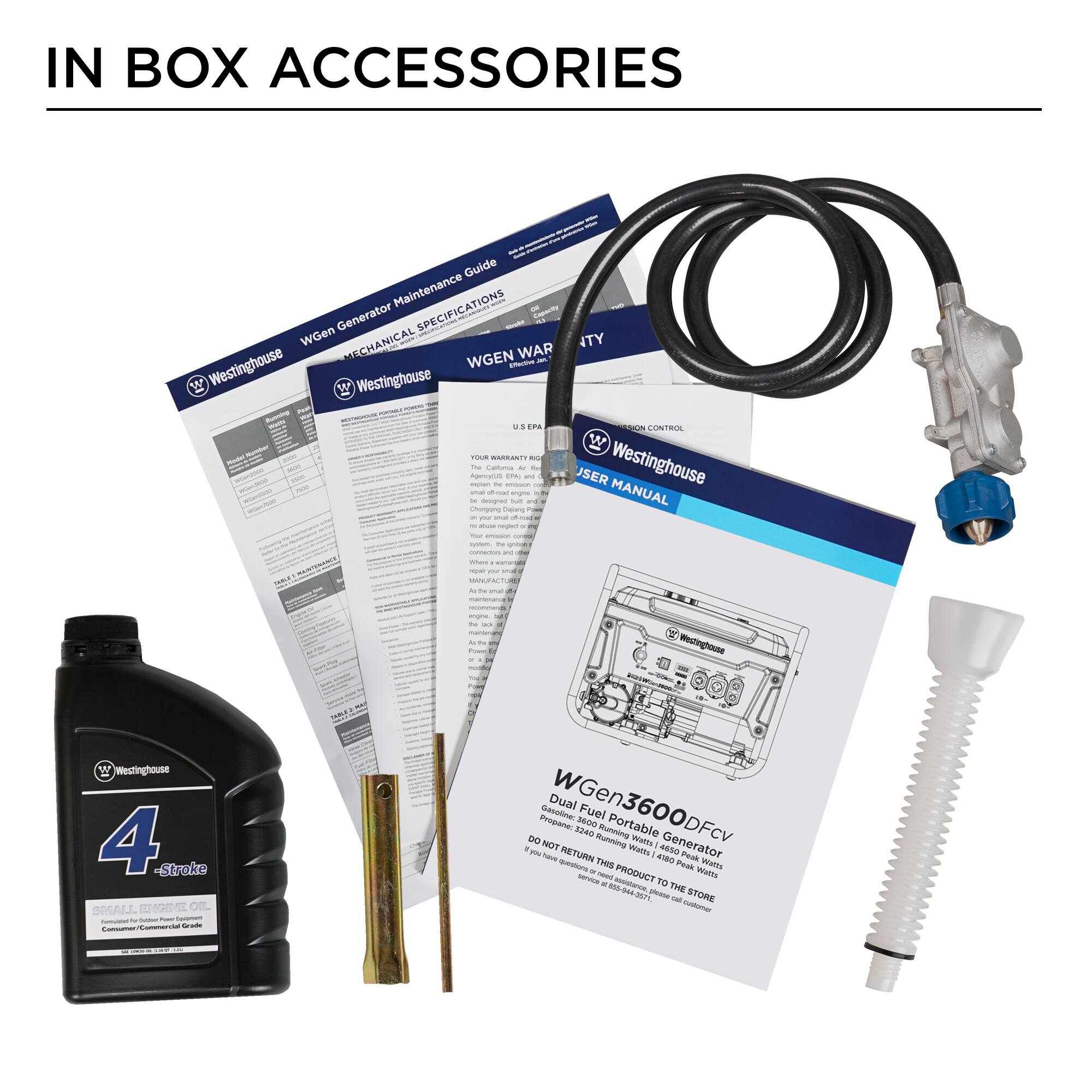 IN BOX ACCESSORIES

- Generator Maintenance Guide
- Mechanical Specifications
- WGEN WARRANTY
- User Manual
- WGen3600DFcv Dual Fuel Portable Generator
- 4-Stroke Small Engine Oil

Note: DO NOT RUN THIS PRODUCT TO STORE