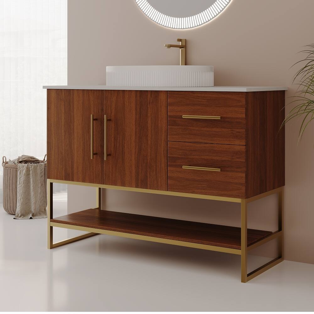 Alt View 3. Loheer - Loheer 36 inch Modern Bathroom Vanity Walnut Freestanding Cabinet with Ceramic Vessel Sink - Walnut, Gold, White.