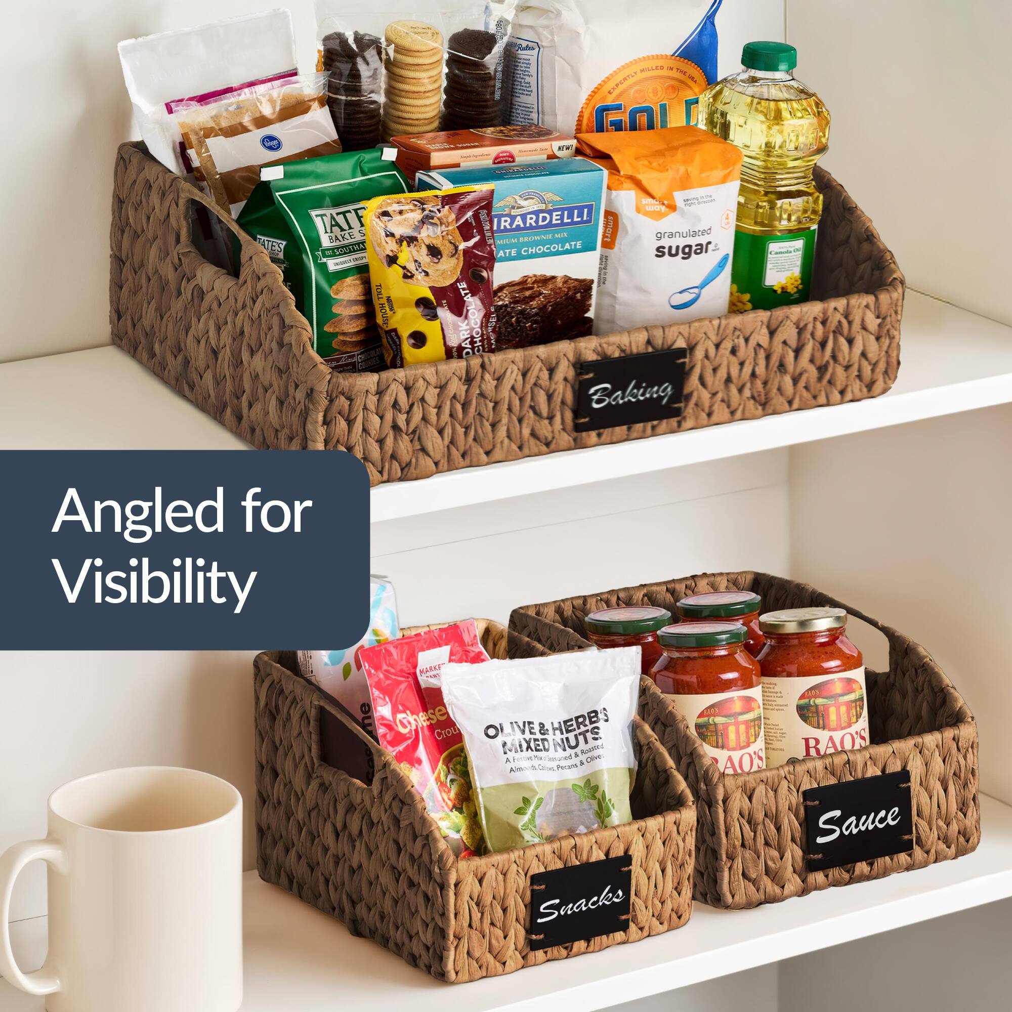 Angled for Visibility

Baking
- Tates Take Home
- Nesquik
- Granulated Sugar
- Dark Chocolate
- Olive Oil
- Cheese

Snacks
- Live & Herb's Mixed Nuts
- Rao's Sauce