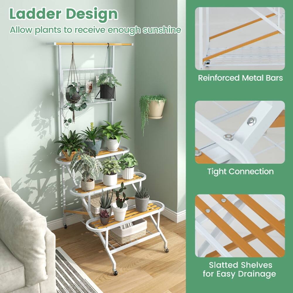 Ladder Design  
Allow plants to receive enough sunshine  

Reinforced Metal Bars  
Tight Connection  
Slatted Shelves for Easy Drainage