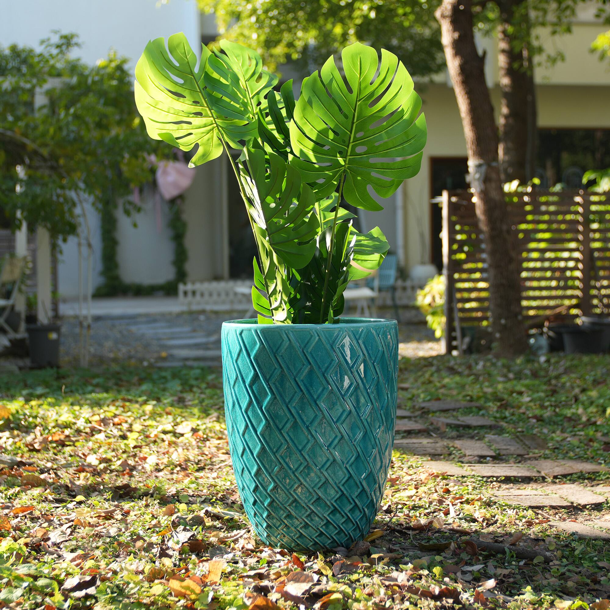 Angle. Loheer - Loheer Large Ceramic Planter, Handmade Teal Ceramic Flower Pot with Drainage, Tall Indoor Outdoor Front Door Pot.