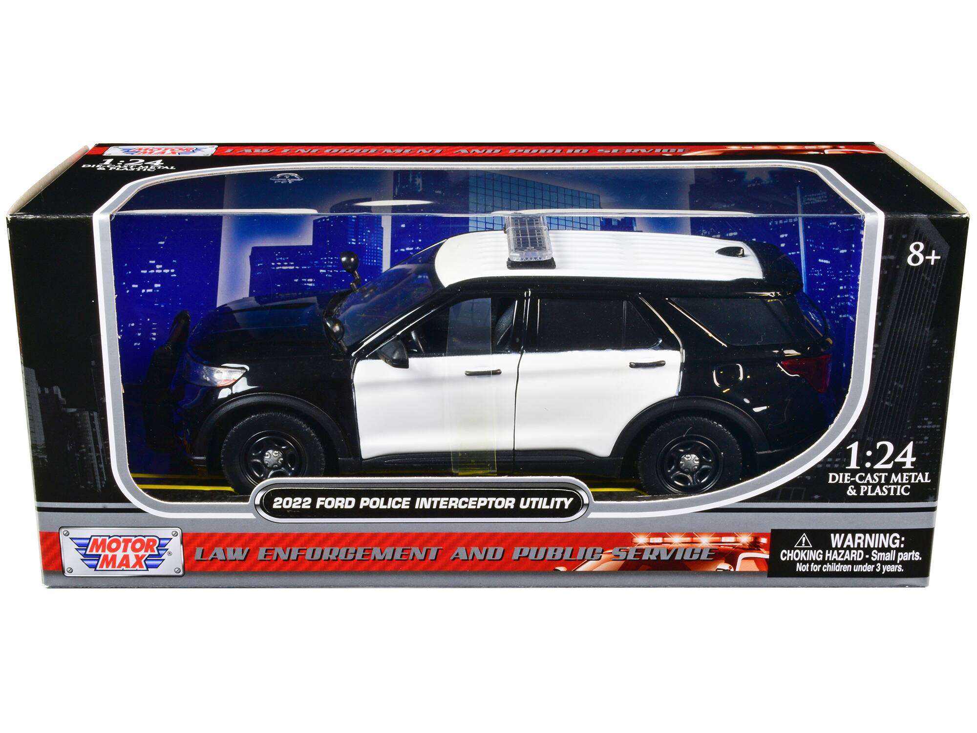 Sure, here is the corrected and grouped text from the image:

---

**MOTOR MAX**

**LAW ENFORCEMENT AND PUBLIC SERVICE**

**2022 FORD POLICE INTERCEPTOR UTILITY**

**1:24 DIE-CAST METAL & PLASTIC**

**WARNING: CHOKING HAZARD - Small parts. Not for children under 3 years.**

**8+**

---

This text is organized to reflect the information on the packaging.