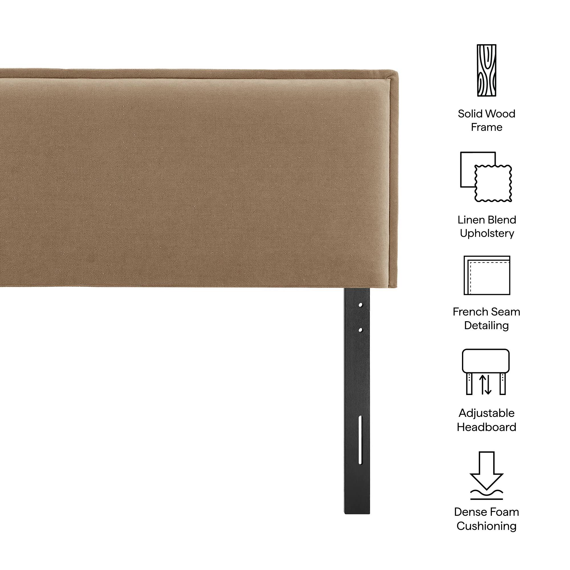 Solid Wood Frame  
Linen Blend Upholstery  
French Seam Detailing  
Adjustable Headboard  
Dense Foam Cushioning