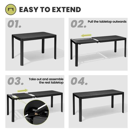 EASY TO EXTEND
01.
02. Pull the tabletop outwards
03. Take out and assemble the rest tabletop
04.