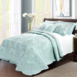 Hivvago - Queen size Damask Embroidered 4 Piece Oversized Bedspread Set - Light Blue