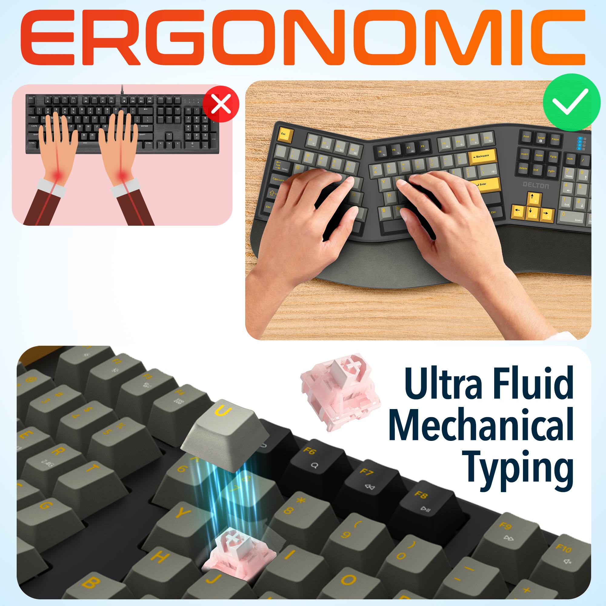 ERGONOMIC X J . : I 2 I DELTON T - -  R 345 G 1  5 5 B S  6 Y H J  F6 a * 8 I Ultra Fluid Mechanical F7 2 Typing F8 Da ( F9 9 DO ) F10 O d- - O - +