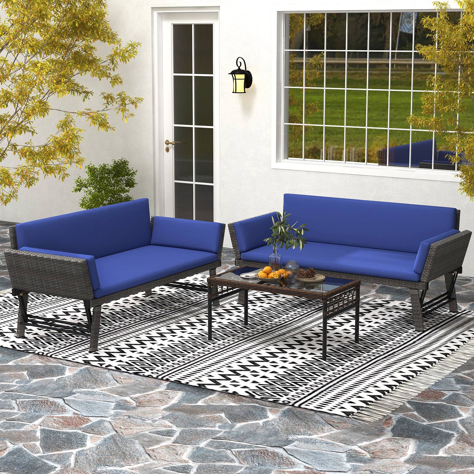Angle. SlickBlue - Outdoor Convertible Sofa Daybed with Adjustable Armrests for Balcony or Patio - Navy.