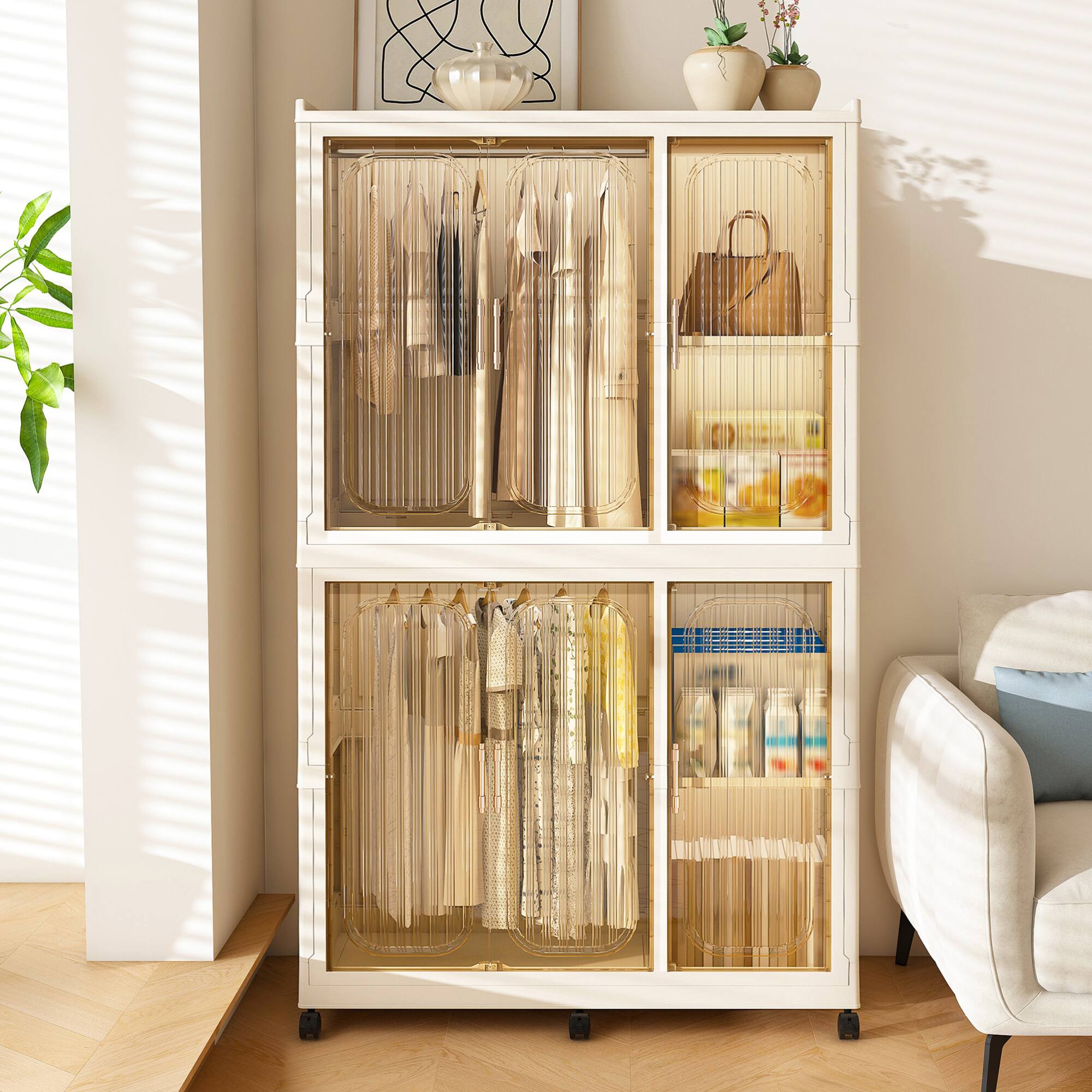 Front. GOODSILO - Portable Wardrobe Closet Storage Organizer with 6 Magnetic Doors, 6 Cubes and 2 Hanging Rods for Home Organization - Cream White.