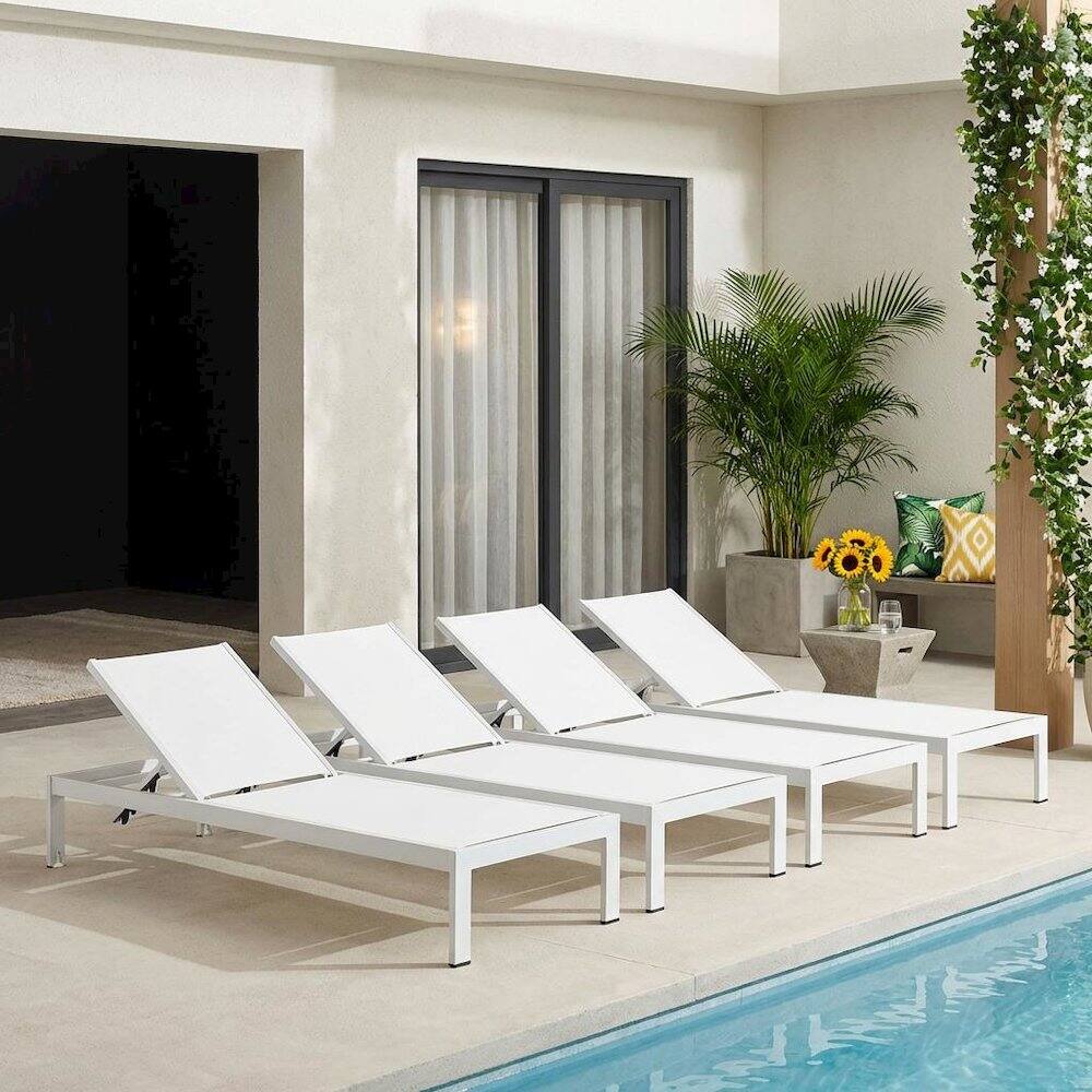 Angle. Outdoor Escape - Set Of 4 Aluminum Outdoor Lounge Chairs With Weather-Resistant Design - White.