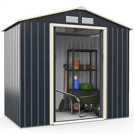 Front. Costway - Metal Storage Shed for Garden and Tools w/Sliding Double Lockable Doors - Grey.