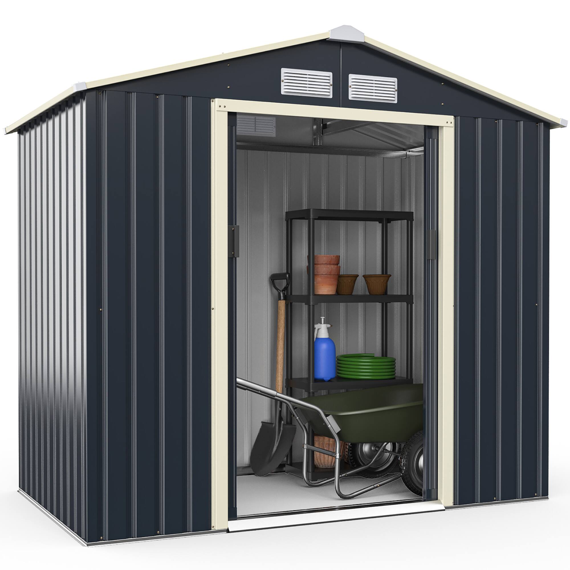 Costway - Metal Storage Shed for Garden and Tools w/Sliding Double Lockable Doors - Gray