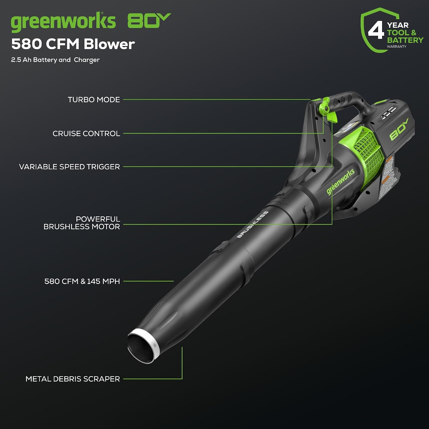 greenworks 80V 580 CFM Blower 2.5 Ah Battery and Charger

YEAR 4 TOOL & BATTERY WARRANTY

TURBO MODE CRUISE CONTROL VARIABLE SPEED TRIGGER POWERFUL BRUSHLESS MOTOR

BRUSHLESS

greenworks

BOY

580 CFM & 145 MPH

METAL DEBRIS SCRAPER