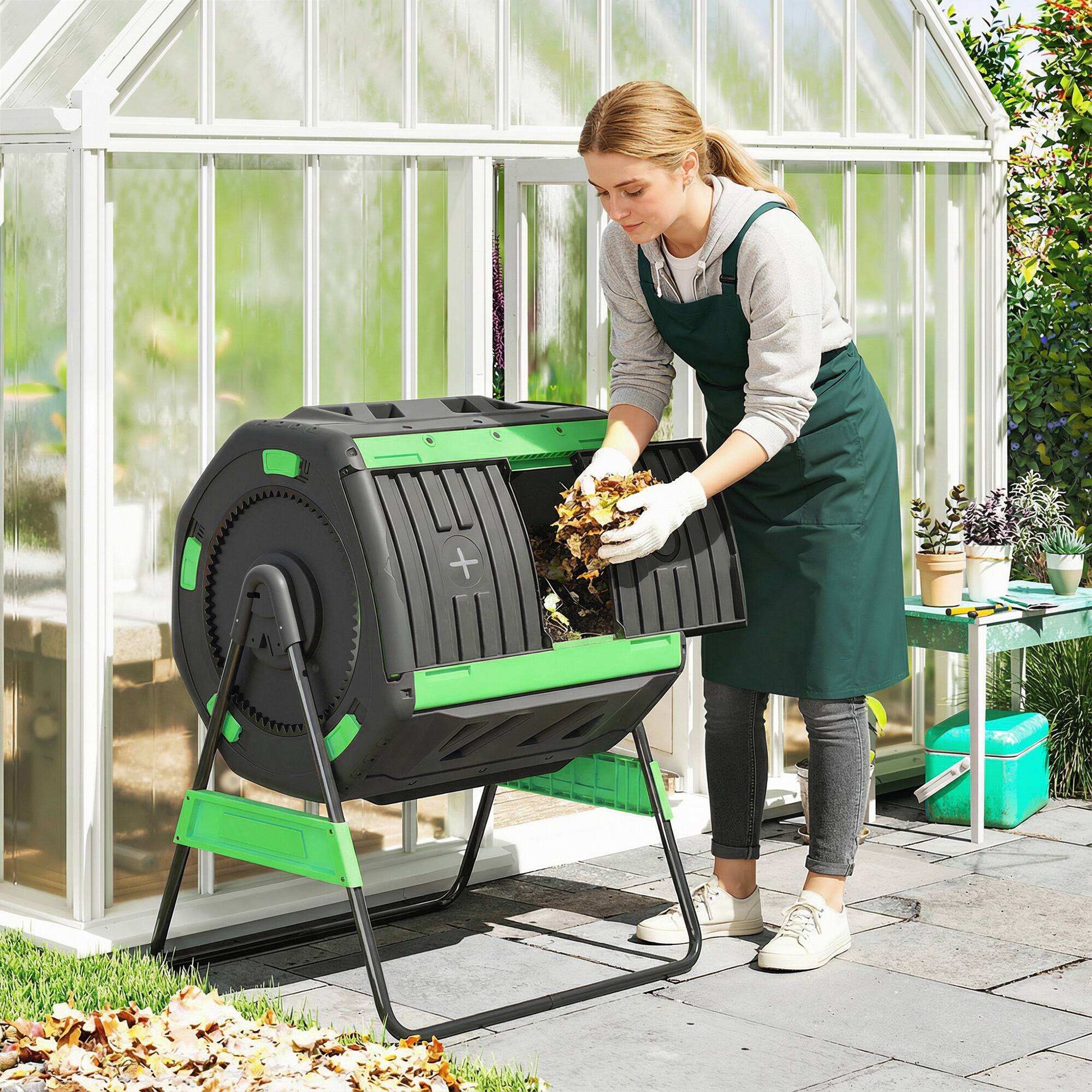 Alt View 1. Outsunny - Compost Bin Outdoor, 53 Gal Dual Chamber Compost Tumbler with 8 Adjustable Vents.