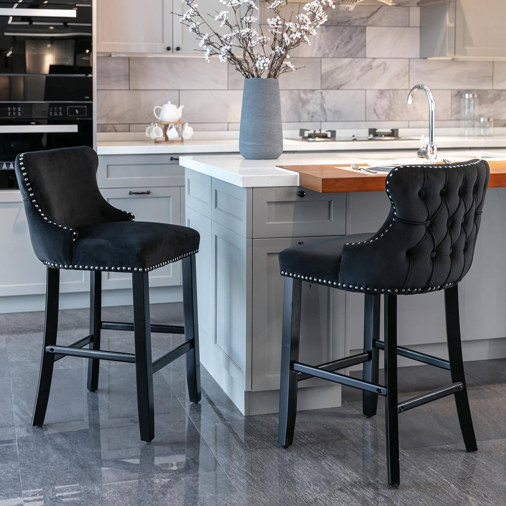Alt View 1. HTUTWOO - Velvet Bar Stools Set of 2, Wingback Counter Height Chairs with Solid Wood Legs and Nailhead Trim for Kitchen Island - Black.