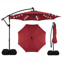 Costway - 10 FT Solar Offset Hanging Umbrella Patio Cantilever Umbrella with 32 LED Lights - Red