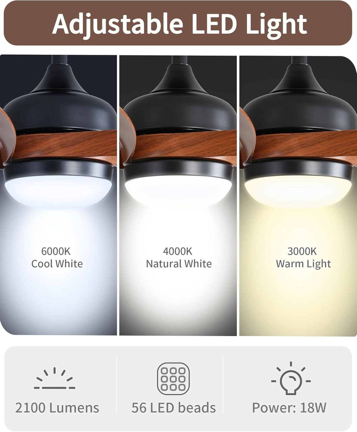 Adjustable LED Light

- 6000K Cool White
- 4000K Natural White
- 3000K Warm Light

- 2100 Lumens
- 56 LED beads
- Power: 18W