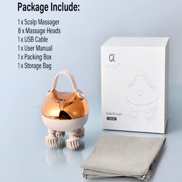 Package Include:

1 x Scalp Massager  
8 x Massage Heads  
1 x USB Cable  
1 x User Manual  
1 x Packing Box  
1 x Storage Bag  

Scalp Massager  
CHIBO