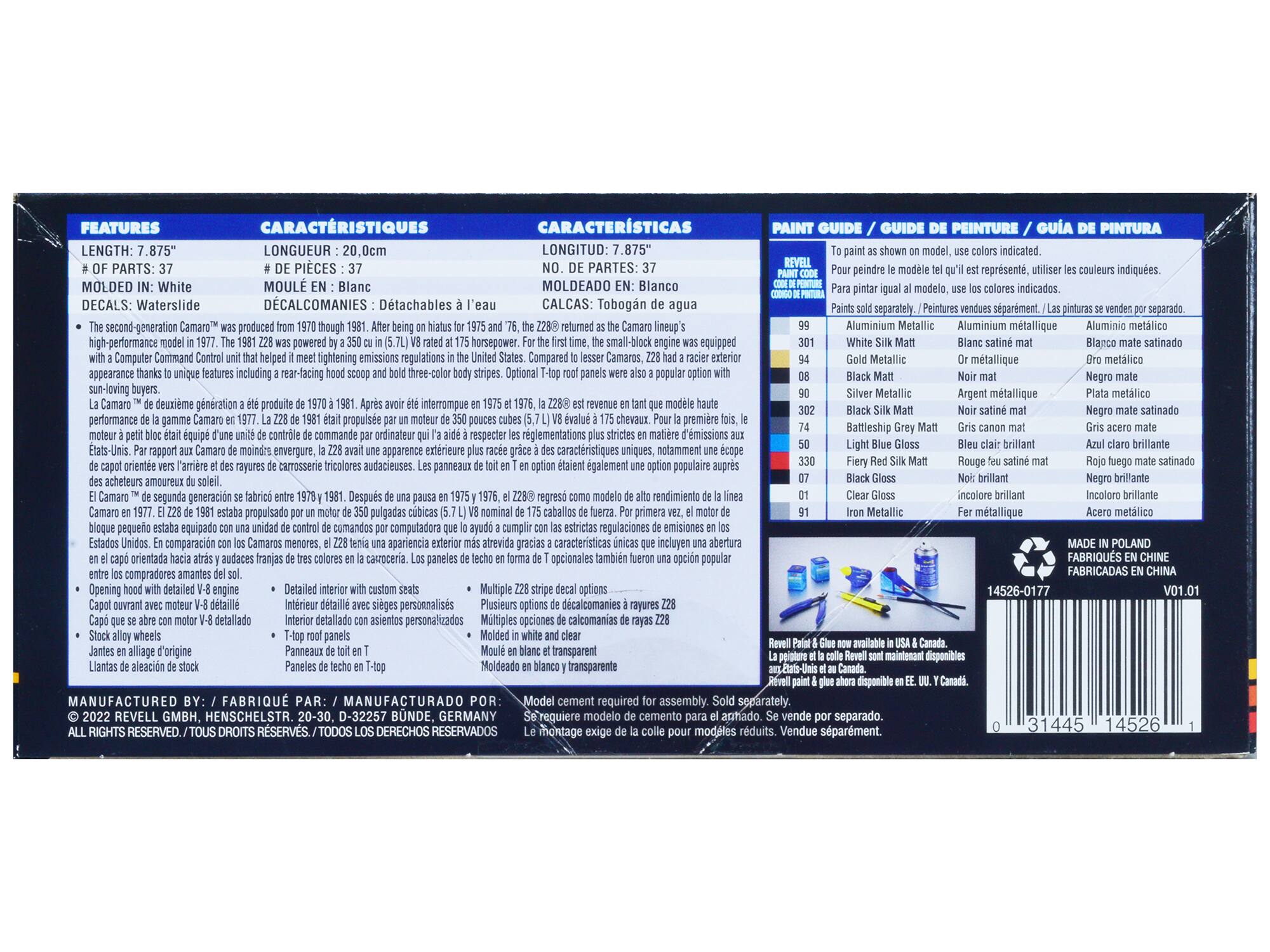 **FEATURES**

- LENGTH: 7.875"
- # OF PARTS: 37
- MOLDED IN: White
- DECALS: Waterslide

The second-generation Camaro was produced from 1970 through 1981. After being discontinued in 1975 and '76, the Z28 returned as the Camaro lineup's high-performance model in 1977. The 1981 Z28 was powered by a 350 cu. in. (5.7L) V8 with a Computer Command Control Unit that helped it meet tightening emissions regulations. The Z28's exterior was more race-oriented, thanks to unique features including a rear-facing hood scoop and bold three-color body stripes. Optional T-top roof panels were also a popular option with sun-loving buyers.

- Opening hood with detailed V-8 engine
- Capable of aero motor V-8 detailed
- Stock alloy wheels
- Jameson grille of origin
- T-top roof panels
- Painted in white and clear

**CARACTERÍSTICAS**

- LONGITUD: 20,0 cm
- # DE PIECES: 3