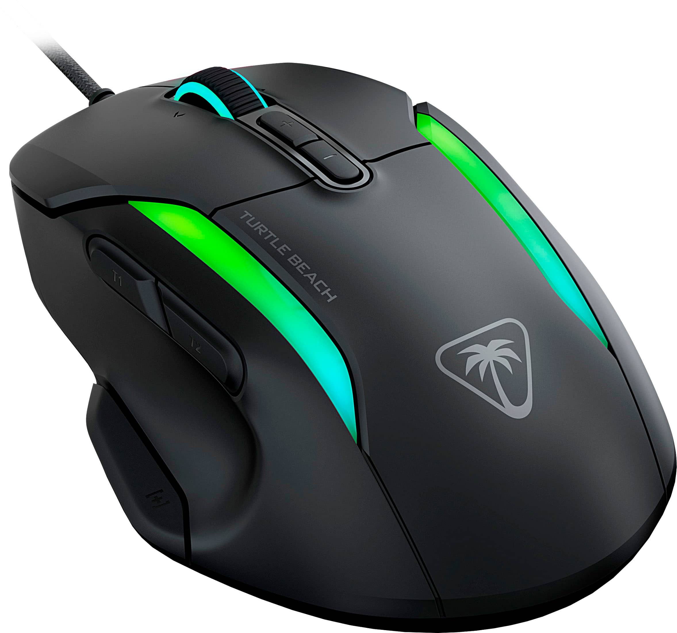 The image features a black Turtle Beach computer mouse with green and blue lights.