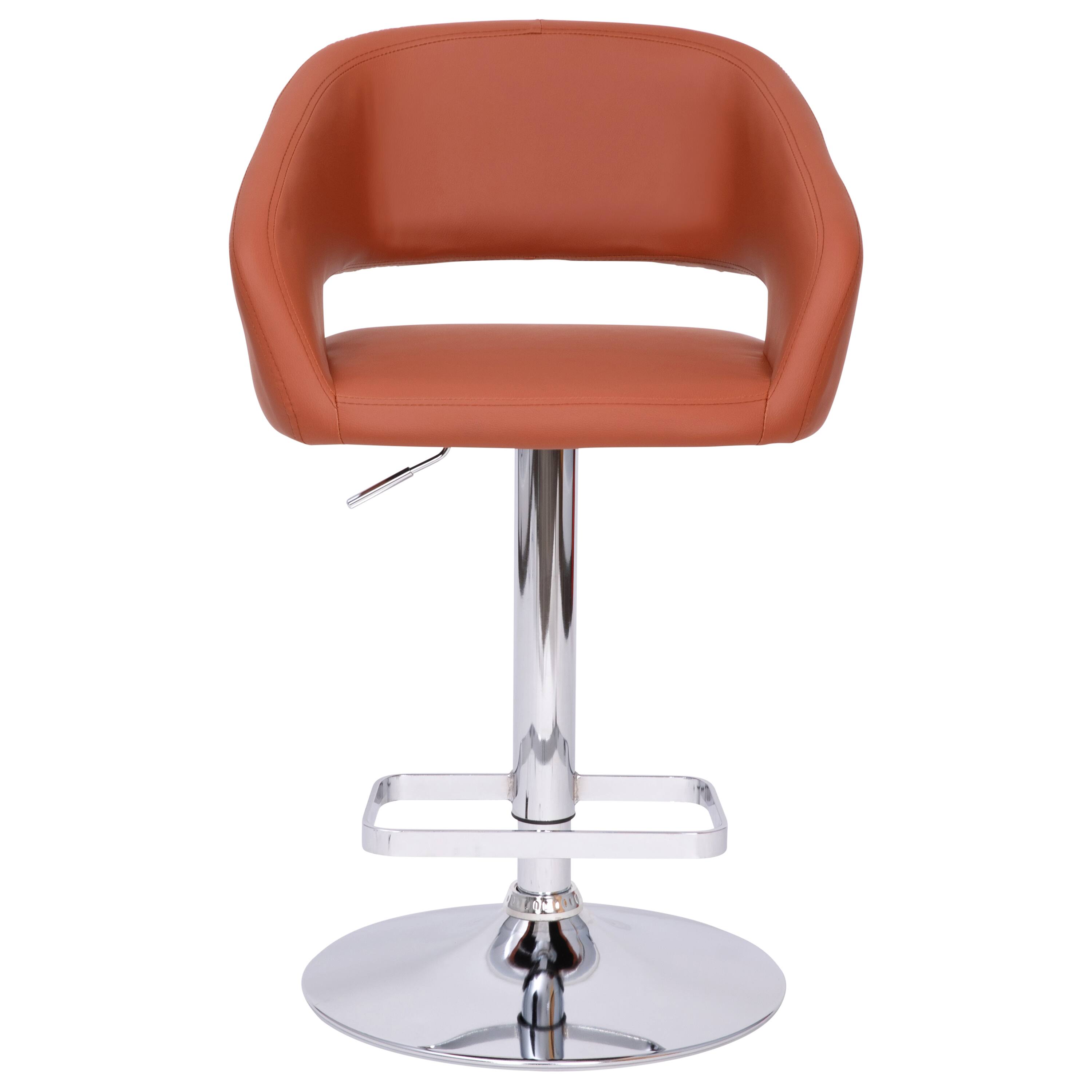 Alt View 1. Emma + Oliver - Shae Contemporary Upholstered Adjustable Height Barstool with Rounded, Cutout Mid-Back and Pedestal Base - Cognac Vinyl/Chrome Frame.
