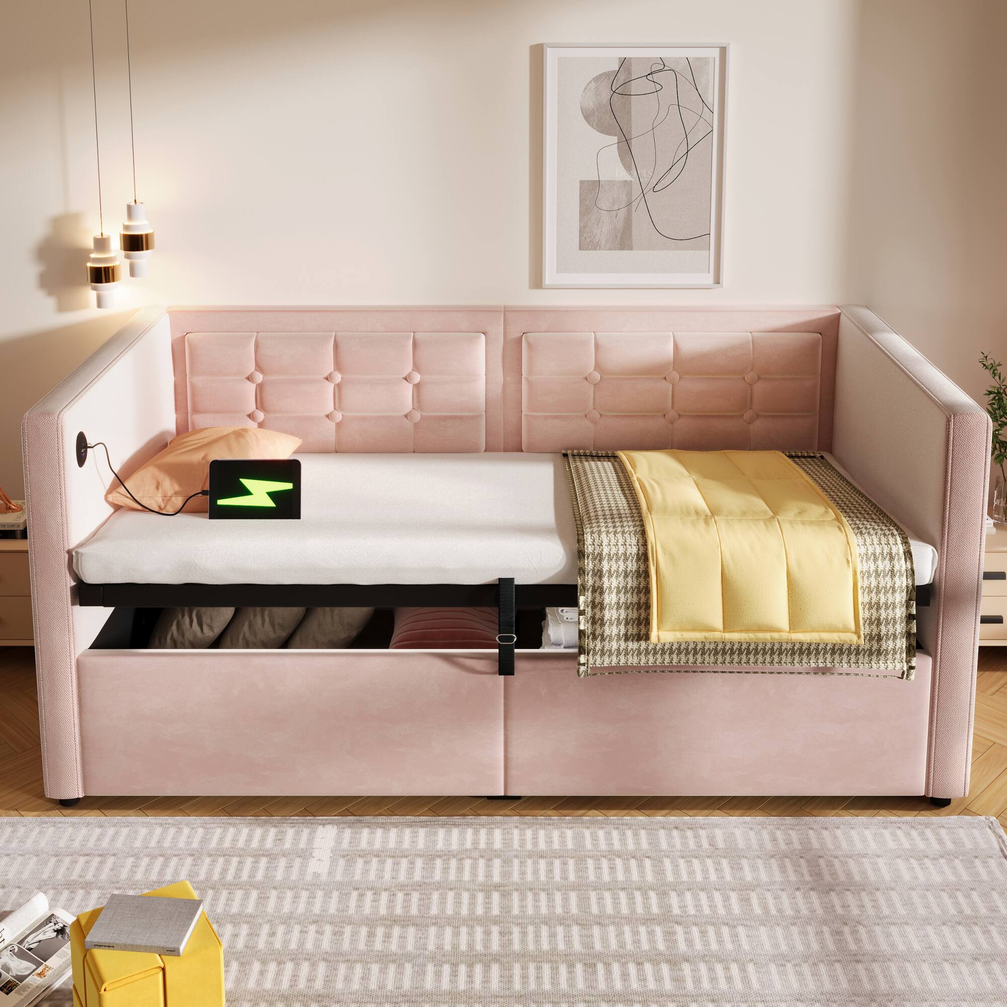 Alt View 2. GOODSILO - Upholstered Twin Size Daybed with Hydraulic Storage and USB Charging, Tufted Sofa Back Design - Pink.