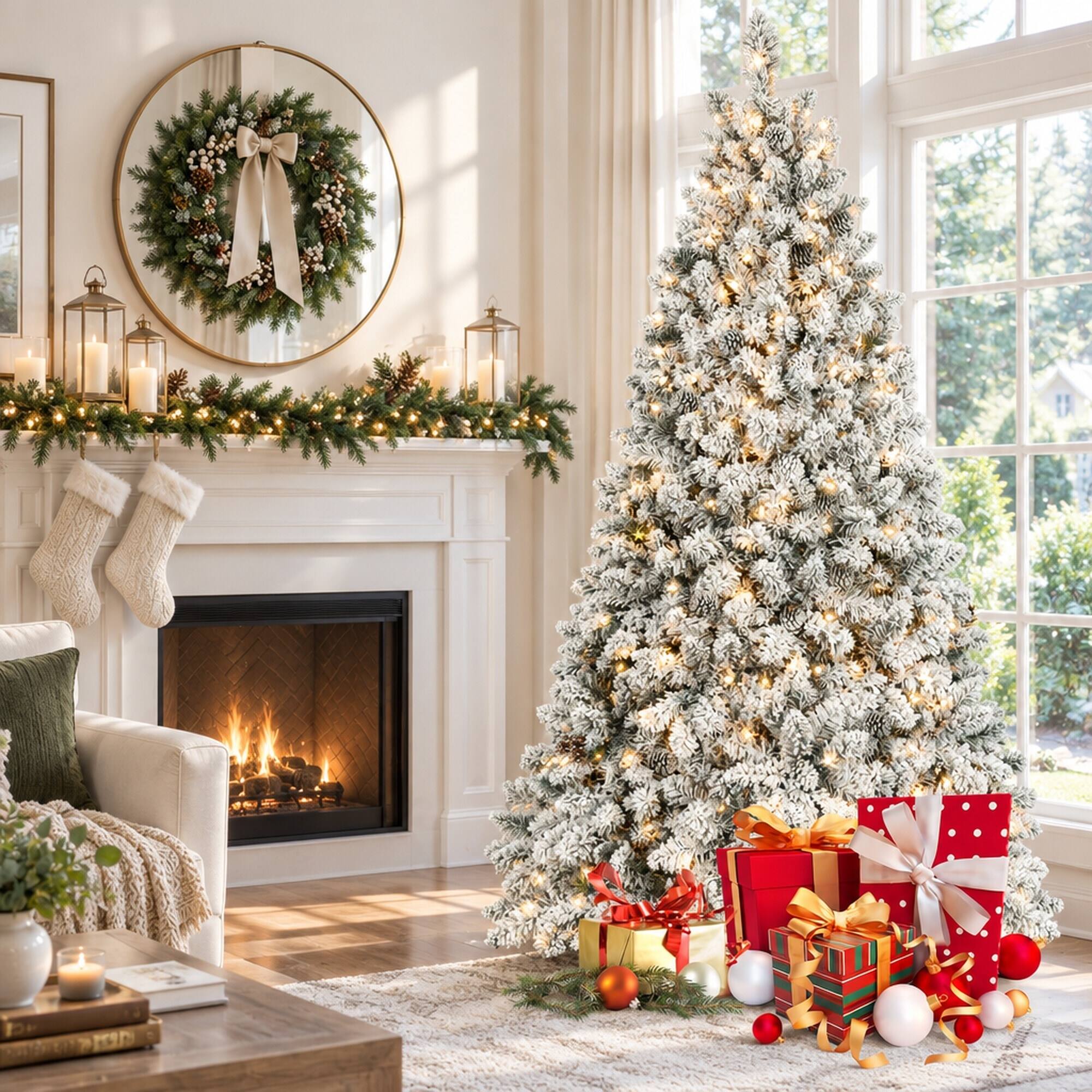Back. RYHNUYNE - 4.5FT Flocked Pre-Lit Christmas Tree With 250 Lights and 24 Pine Cones, 498 Snowy Tips and Metal Stand - Green,White.