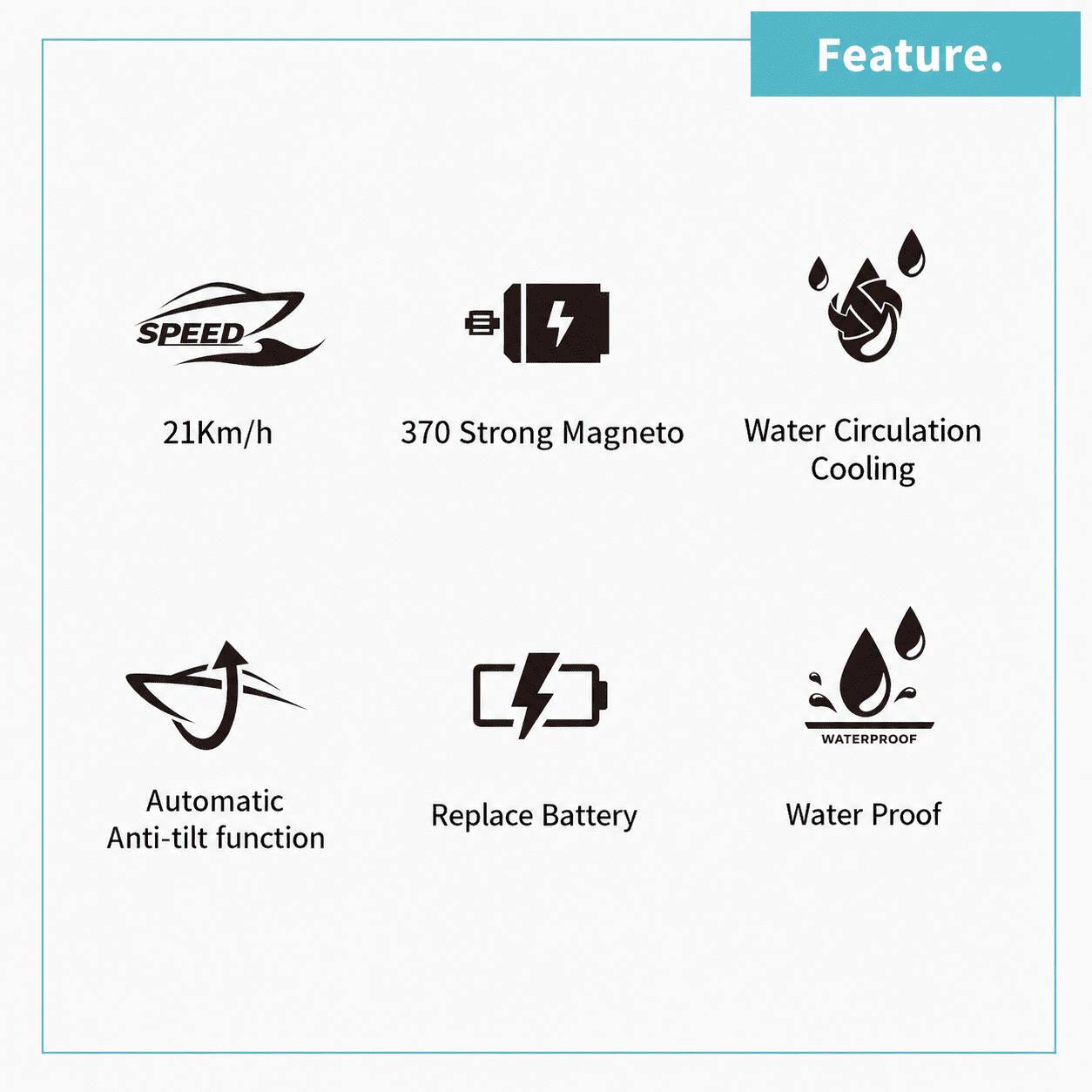 Feature.

- SPEED: 21Km/h
- 370 Strong Magneto Water Circulation Cooling
- WATERPROOF
- Automatic Anti-tilt function
- Replace Battery
- Water Proof