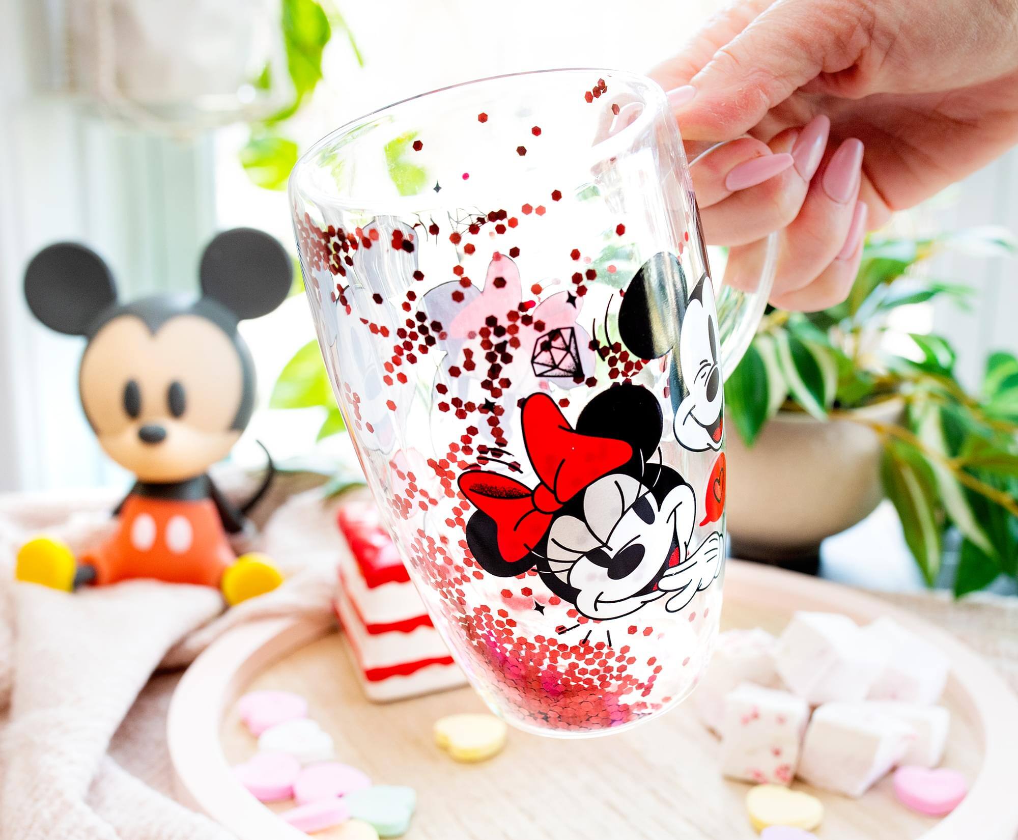 Alt View 4. Disney - Disney Mickey and Minnie Hearts & Diamonds Confetti Glass Mug | Holds 15 Ounces - Red.