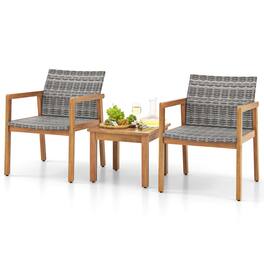 Costway - 3 PCS Outdoor Furniture Set, Acacia Wood Frame Sofa Set with Rattan Seat - Gray