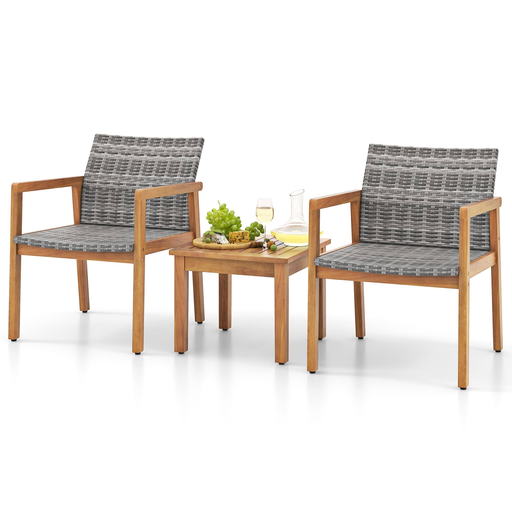 Front. Costway - Costway 3 PCS Outdoor Furniture Set, Acacia Wood Frame Sofa Set with Rattan Seat - Gray.
