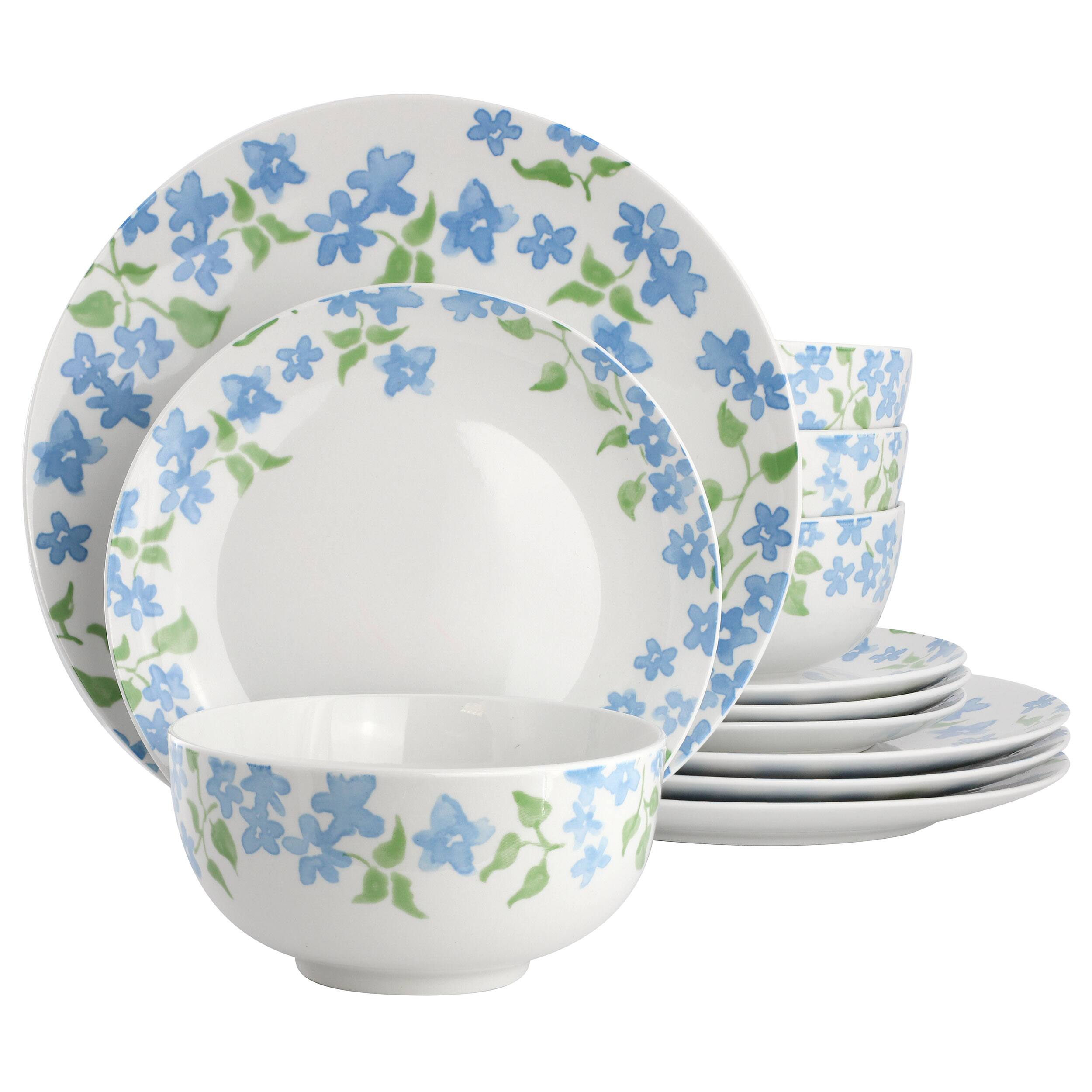 Front. Gibson - Gibson Home Garden Aisle 12 Piece Fine Ceramic Dinnerware Set in Blue Floral - Blue Floral.
