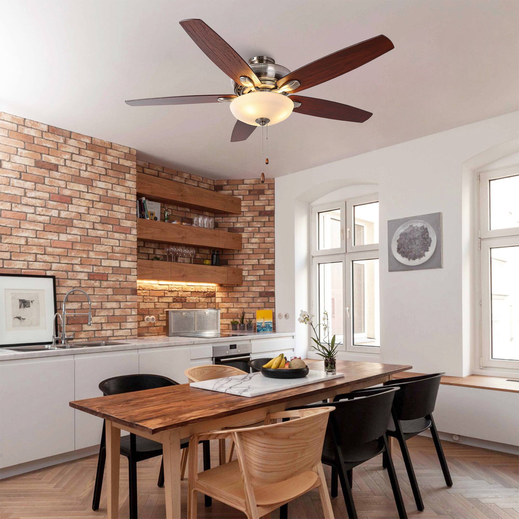 Left. Parrot Uncle - 52" Modern Nickel Dual Mounting Ceiling Fan with Light and Pull Chain - Polished Nickel.