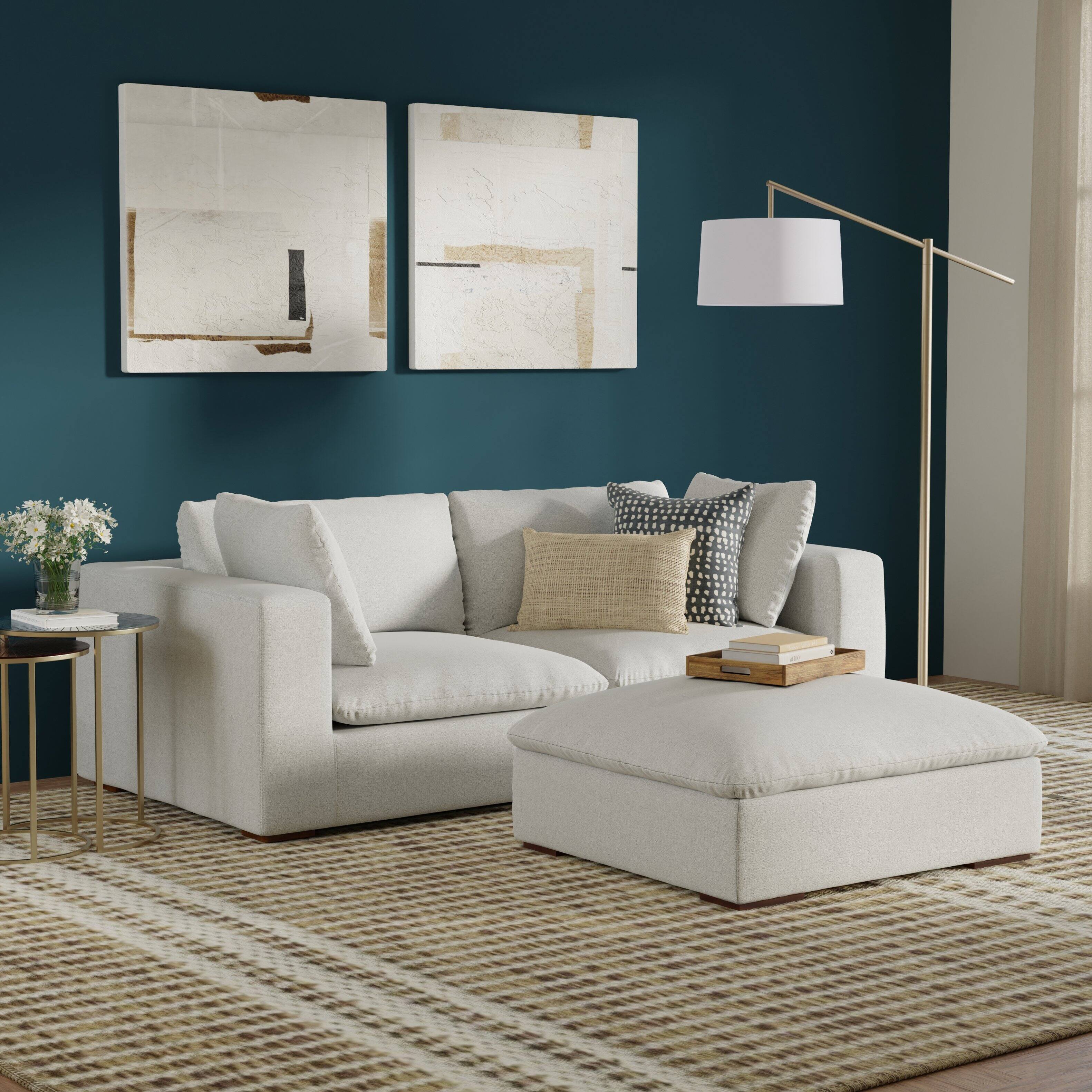 Angle. Simpli Home - Jasmine 2-Seater Modular Sofa and Ottoman Set in Performance Fabric - Cloud Grey.
